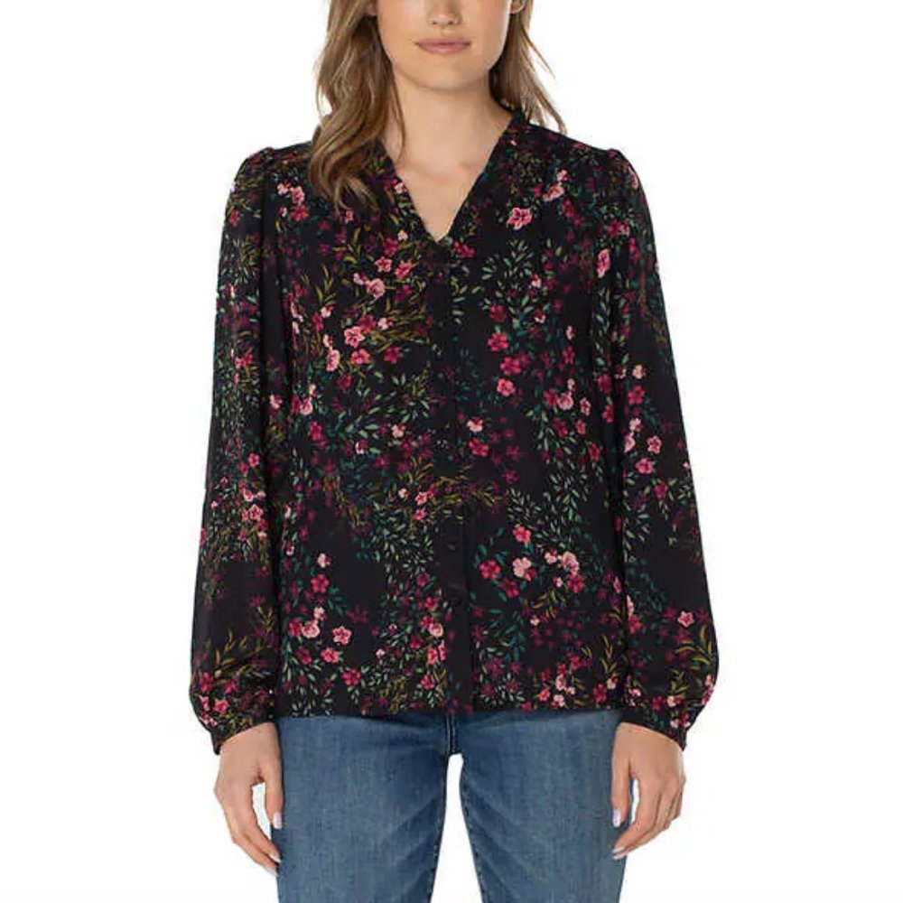 NWT Well Worn Women Long Sleeve V Neck Blouse Black Floral Size M $60 4D034